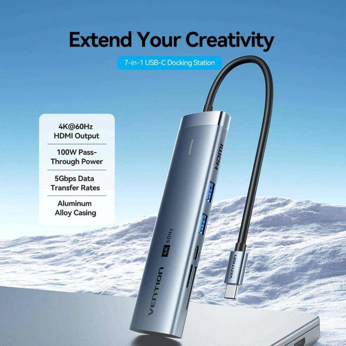 Vention TPSHB Docking Station USB-C 7 en 1 con HDMI 4K y Lector de Tarjetas, Gris